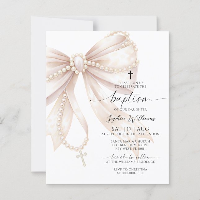 Budget Pearl Rosary Bow Baptism Invitation (Frente)