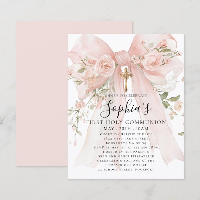 BUDGET Pink Bow Rose Floral First Communion Invite (Frente/Verso)