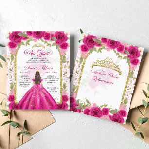 BUDGET Pink Floral Princesa Dourada Quinceanera