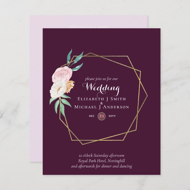 BUDGET Plum e Coral Floral Weding Convite (Frente/Verso)