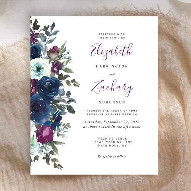 Budget Plum Floral Navy Blue Wedding Invitation (Criador carregado)