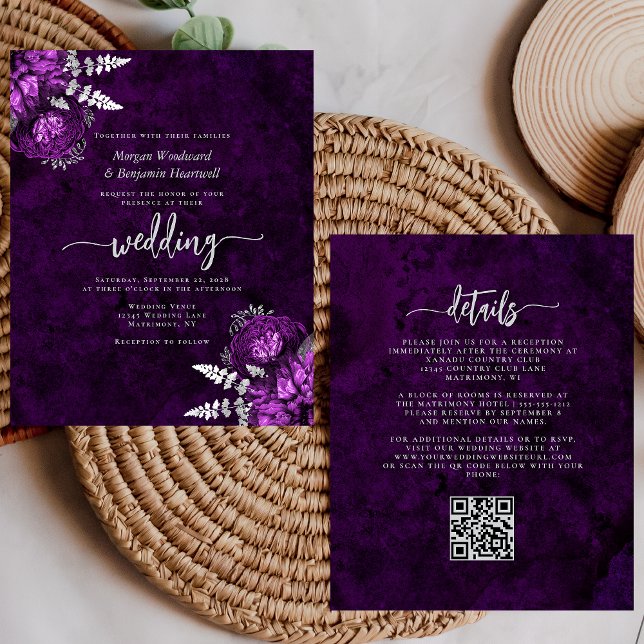 Budget Plum Silver Floral QR Code Wedding Invite (Criador carregado)
