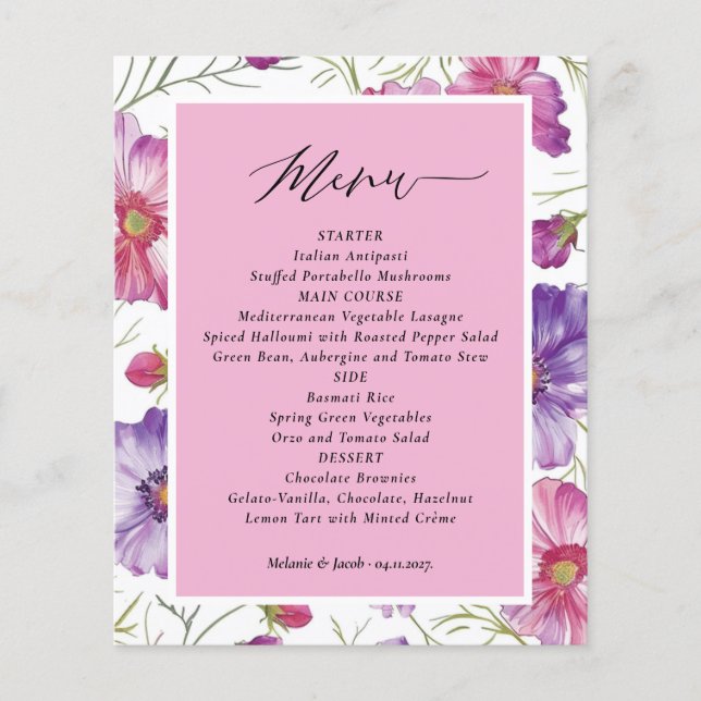 Budget Purple and Pink Floral Wedding  Menu (Frente)