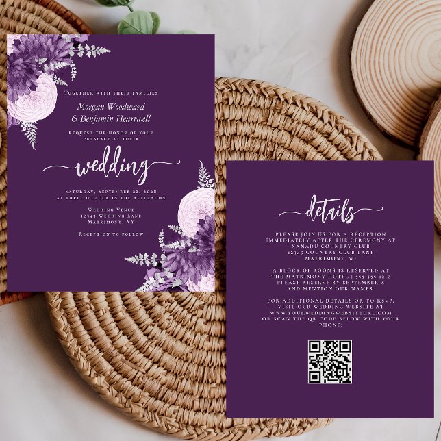 Budget Purple Lilac Silver Floral QR Code Wedding (Criador carregado)