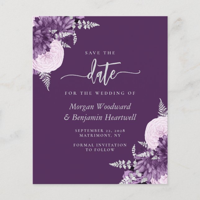Budget Purple Lilac Silver Floral Save the Date (Frente)