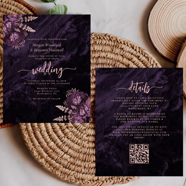 Budget Purple Rose Gold Floral QR Code Wedding (Criador carregado)