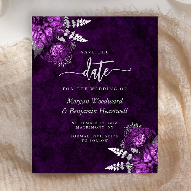 Budget Purple Silver Floral Wedding Save the Date (Criador carregado)