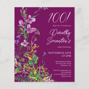 BUDGET Purple Yellow Floral 100º Convite de Aniver