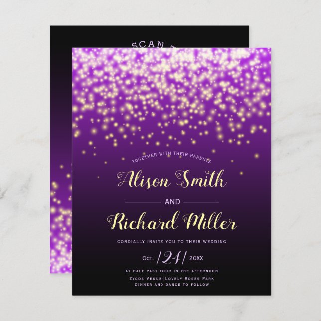 BUDGET QR code Luzes convite para casamento roxo (Frente/Verso)