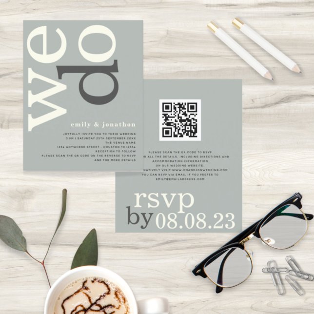 BUDGET QR code Sage Ivory Text Convite de casament (Criador carregado)