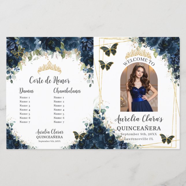Budget Quinceañera 15 Navy Floral Padrinos Program (Frente)