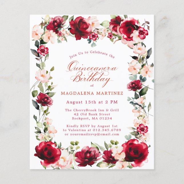 BUDGET Quinceanera Aniversário Rosa vermelha Pink (Frente)