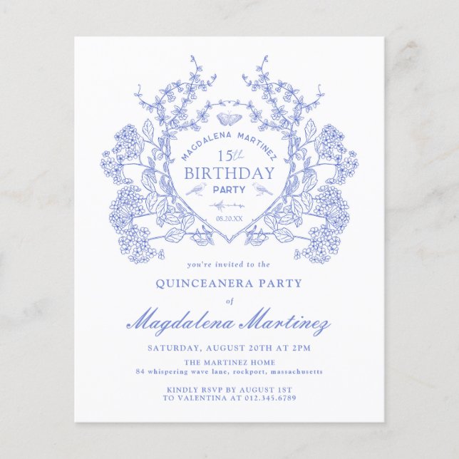 BUDGET Quinceanera Birthday Blue Floral Crest (Frente)