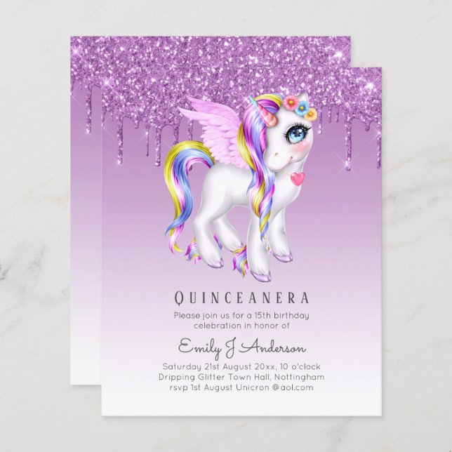 BUDGET Quinceanera Glitter Unicorn Anicorn Winged (Frente/Verso)