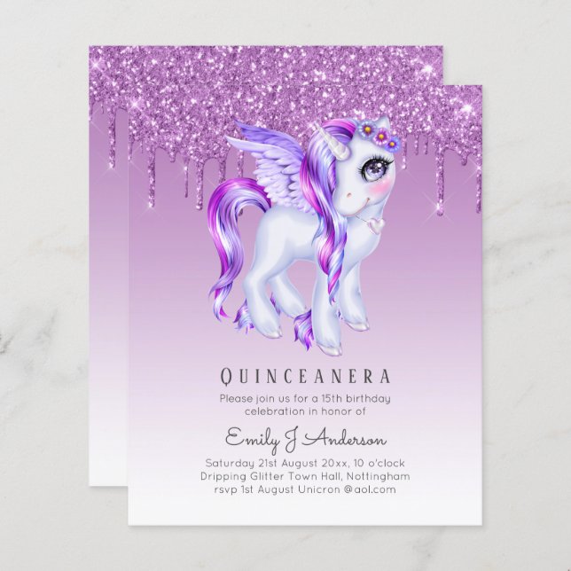 BUDGET Quinceanera Glitter Unicorn Anicorn Winged (Frente/Verso)