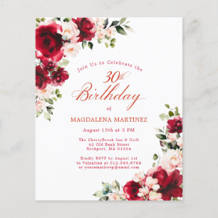 BUDGET Red Pink Rose Floral Aniversário Convite