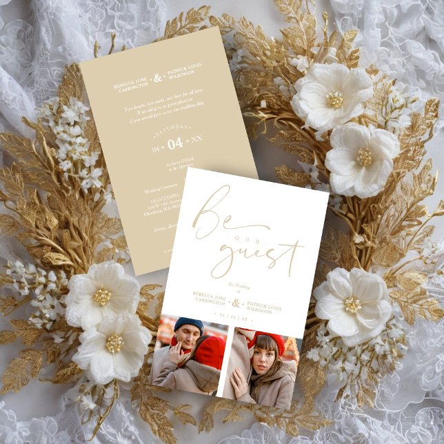 Budget Romantic Collage 2 Photos Be Our Guest  (Inexpensive Cheap Collage 2 Photos Be Our Guest Romantic Wedding Fake Golden Wedding Invitation Card)
