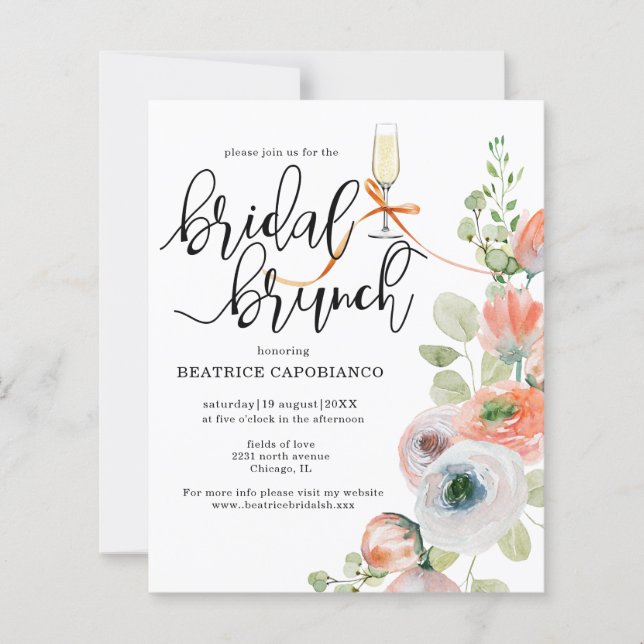 Budget  Romantic Coral Floral Bridal Brunch Card (Frente)