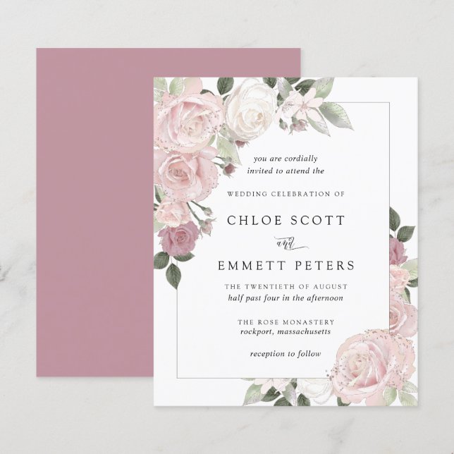 BUDGET Rosa Rosa Floral Convite para Casamento Flo (Frente/Verso)