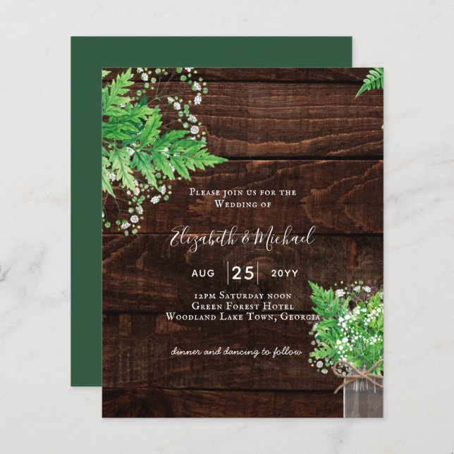 BUDGET Rustic Ferns Greenery Convite de casamento (Frente/Verso)