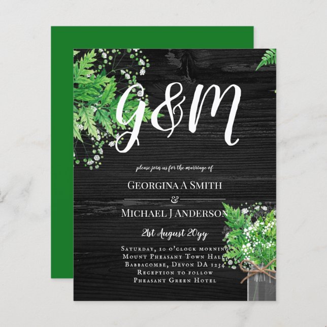 BUDGET Rustic Ferns Greenery Convite de casamento (Frente/Verso)