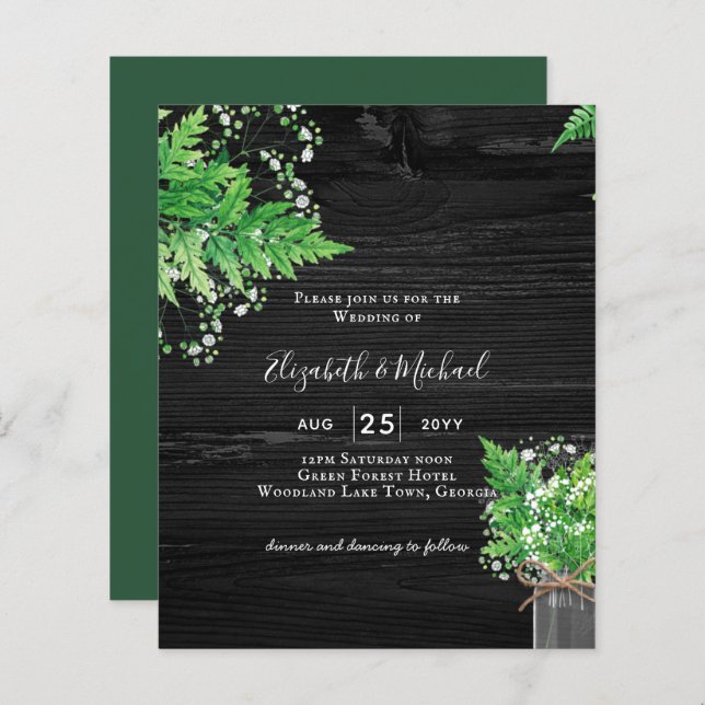 BUDGET Rustic Ferns Greenery Convite de casamento (Frente/Verso)