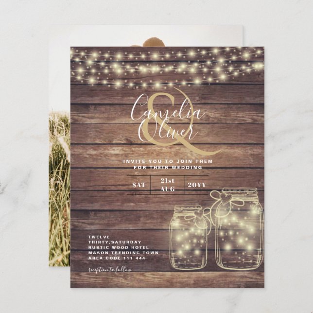 BUDGET Rustic Mason Jar Luz Madeira CASAMENTO (Frente/Verso)
