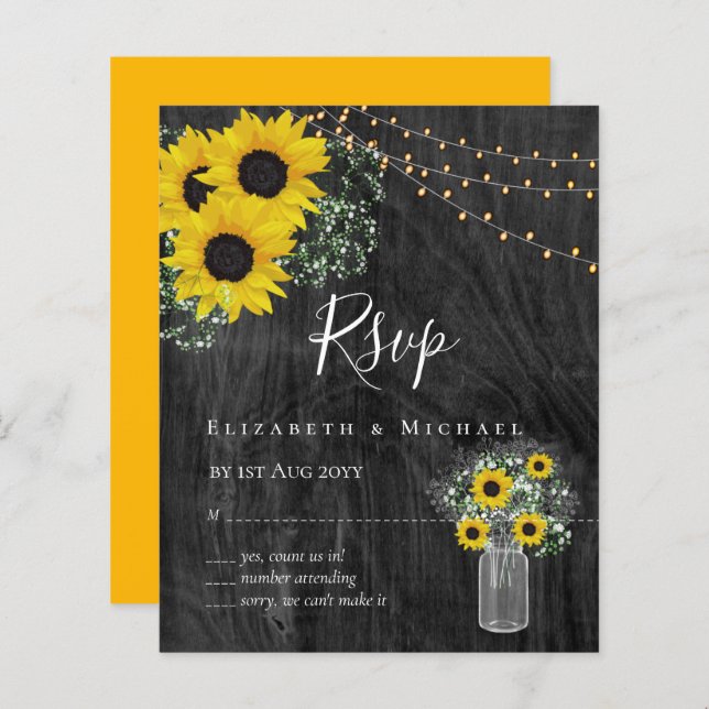 BUDGET Rustic Sunflower RSVP Casamento (Frente/Verso)