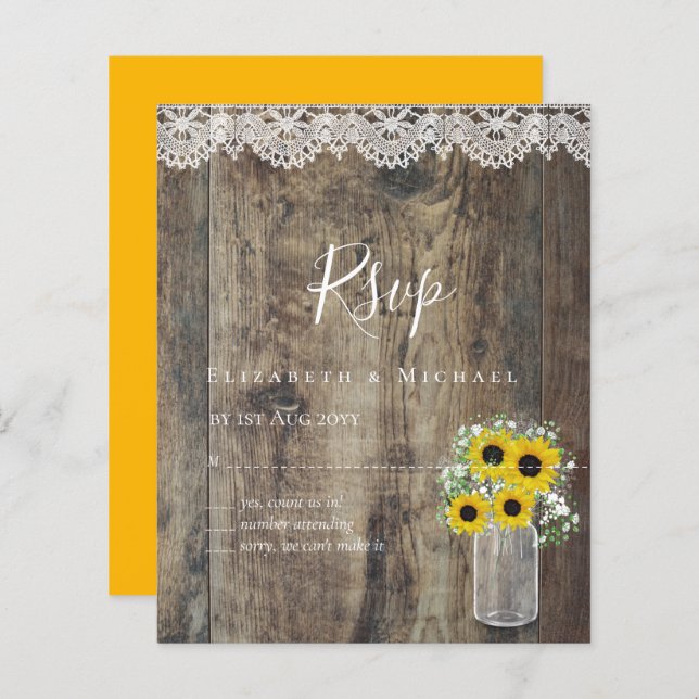 BUDGET Rustic Sunflower RSVP Casamento (Frente/Verso)