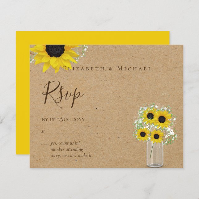 BUDGET Rustic Sunflower RSVP Casamento (Frente/Verso)