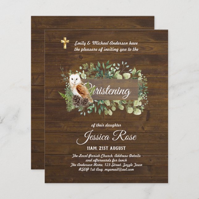 BUDGET Rustic Woodland Christening Convite Baptism (Frente/Verso)