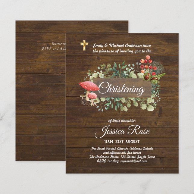 BUDGET Rustic Woodland Christening Convite Baptism (Frente/Verso)