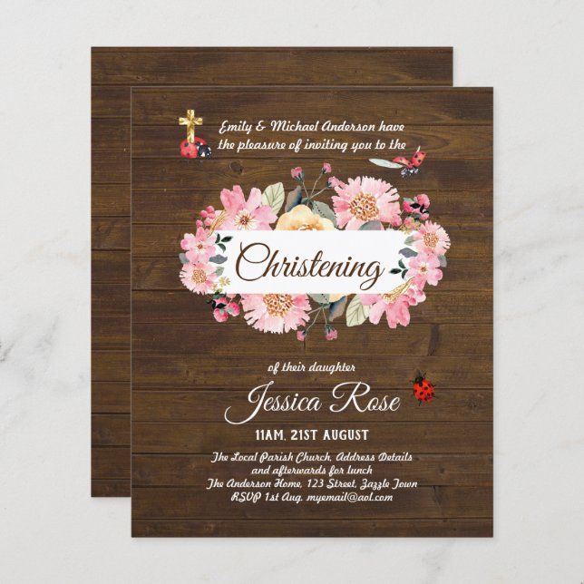 BUDGET Rustic Woodland Christening Convite Baptism (Frente/Verso)