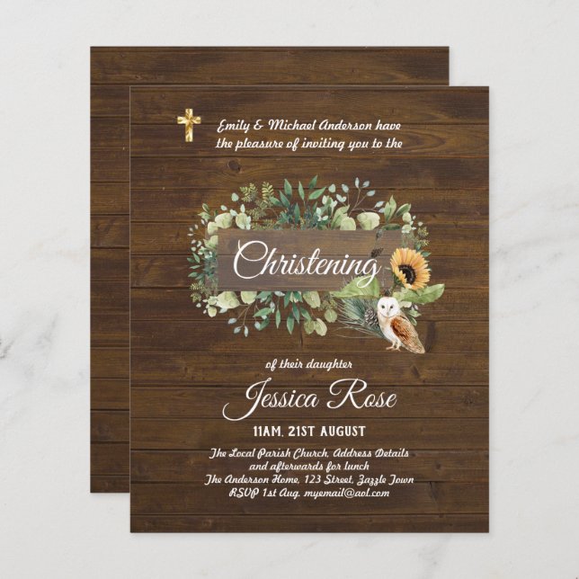 BUDGET Rustic Woodland Christening Convite Baptism (Frente/Verso)