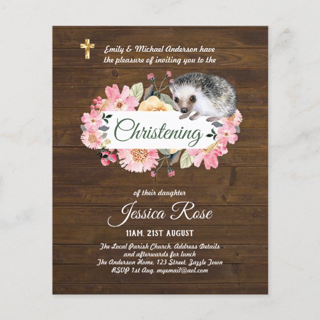 BUDGET Rustic Woodland Christening Convite Baptism (Frente)