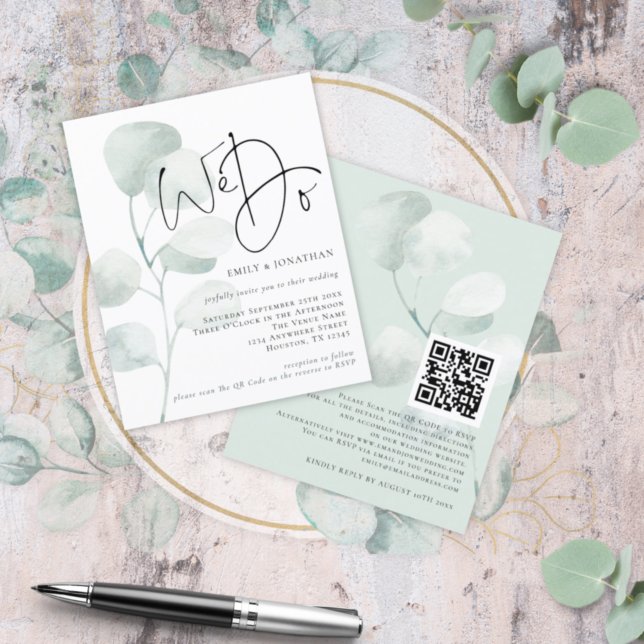 Budget Sage Eucalyptus We Do QR Wedding Invitation (Criador carregado)