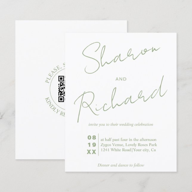 BUDGET Sage Green calliografia QR code casamento (Frente/Verso)