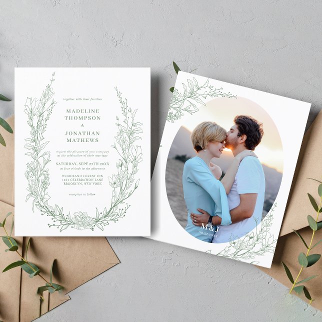 BUDGET Sage Green Floral Monogram Photo Wedding (Criador carregado)
