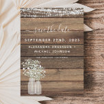 Budget Save the Date Rustic Farmhouse Invitation<br><div class="desc">2022 Budget Rustic Farmhouse String Lights and Baby's Breath in a Jar Save the Date Wedding Invitations on Wood background - includes beautiful and elegant script typography with modern Country Farm House Sparkle for the special Wedding day celebration.</div>