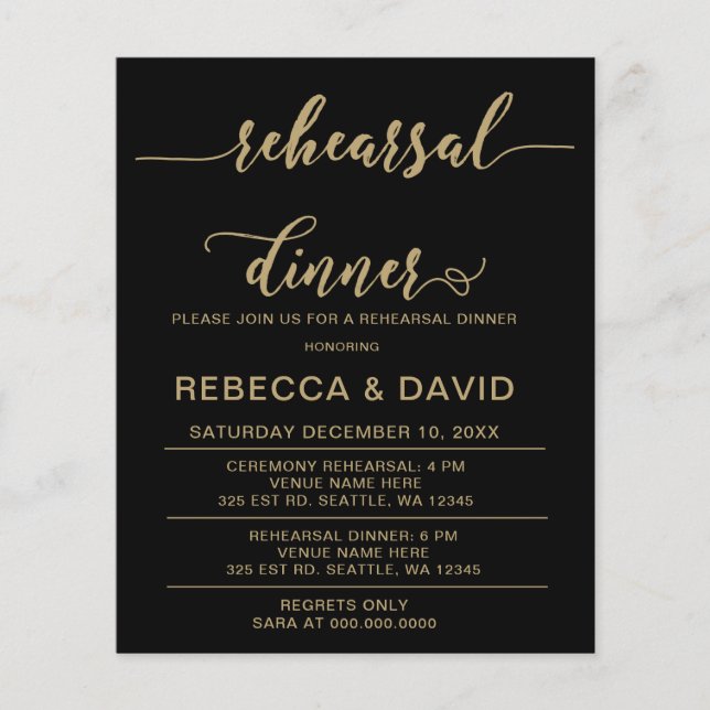 Budget Script Gold Rehearsal Dinner Invitation (Frente)