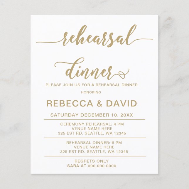 Budget Script Gold Rehearsal Dinner Invitation (Frente)