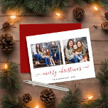 BUDGET Simple Red Script Feliz Foto de Natal<br><div class="desc">BUDGET Red Script Modern Merry Christmas Photo Holiday Card (Cartão de Natal de Feliz Feliz) com duas das suas fotos favoritas e um roteiro simples, mas elegante, saudação de Feliz Natal. As costas estão enfeitadas com um fundo festivo vermelho de inverno. Perfeito para seus cartões de natal este ano! **O...</div>