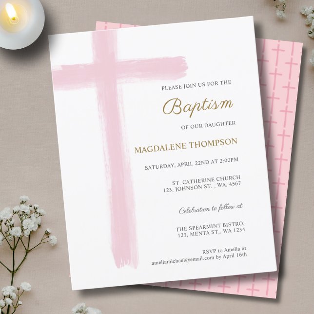 Budget Simple Watercolor Pink Cross Girl Baptism (Criador carregado)
