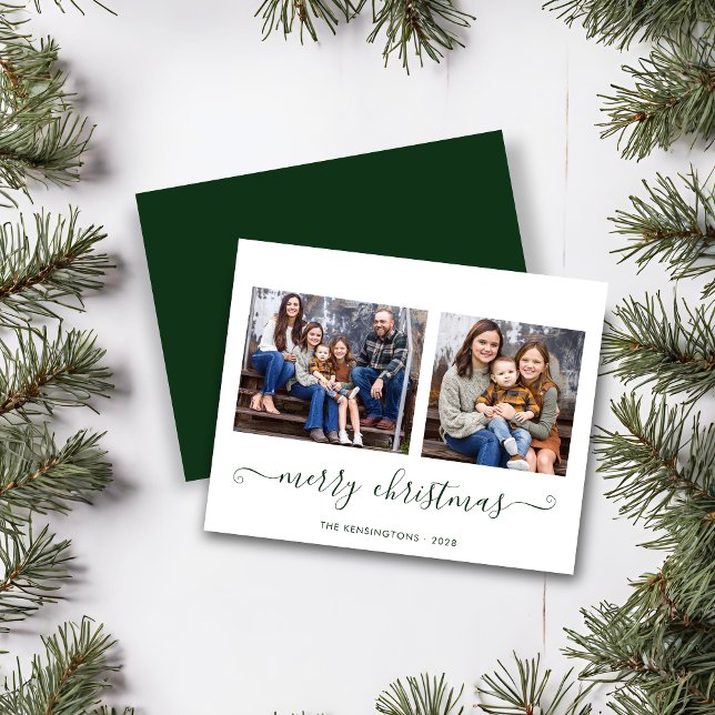 BUDGET Simples Script Verde Feliz Foto de Natal (BUDGET Simple Green Script Merry Christmas Photo Card)