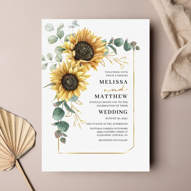 Budget Sunflower Eucalyptus Wedding Invitation (Criador carregado)