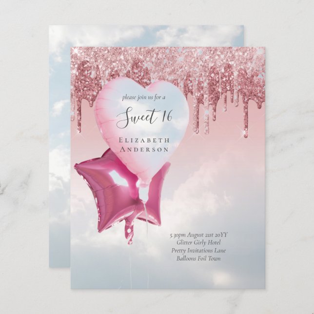 BUDGET Sweet16 Glitter Glamor Girly Balloons Invit (Frente/Verso)