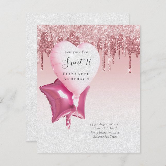 BUDGET Sweet16 Glitter Glamor Girly Balloons Invit (Frente/Verso)