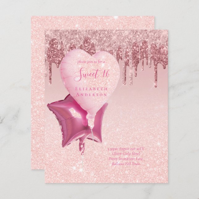 BUDGET Sweet16 Glitter Glamor Girly Balloons Invit (Frente/Verso)