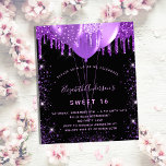 Budget Sweet 16 black purple glitter balloons<br><div class="desc">For an elegant Sweet 16,  16th birthday.  A stylish black background. Decorated with purple faux glitter and balloons.  Personalize and add a name,  age and party details. The name is written with a hand lettered style script</div>