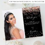 Budget Sweet 16 black rose gold photo thank you<br><div class="desc">A photo thank you for a Sweet 16 (or any age) birthday
On front: Add a vertical size photo. A black background color,  decorated with rose gold faux glitter dust. Personalize and add a name and your thank you note.</div>